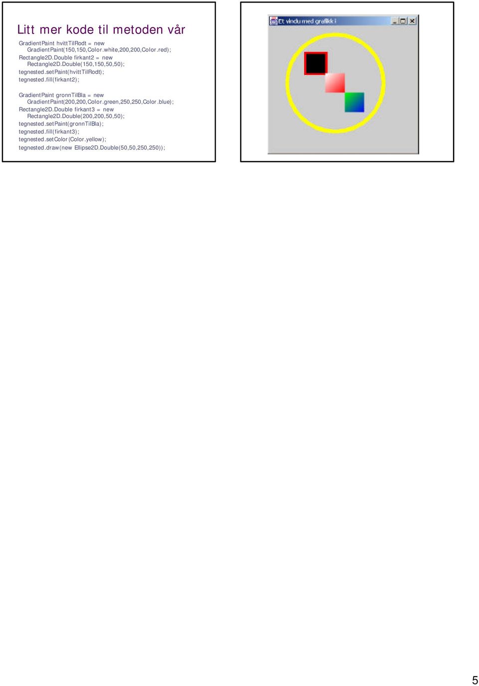 fill(firkant2); GradientPaint gronntilbla = new GradientPaint(200,200,Color.green,250,250,Color.blue); Rectangle2D.