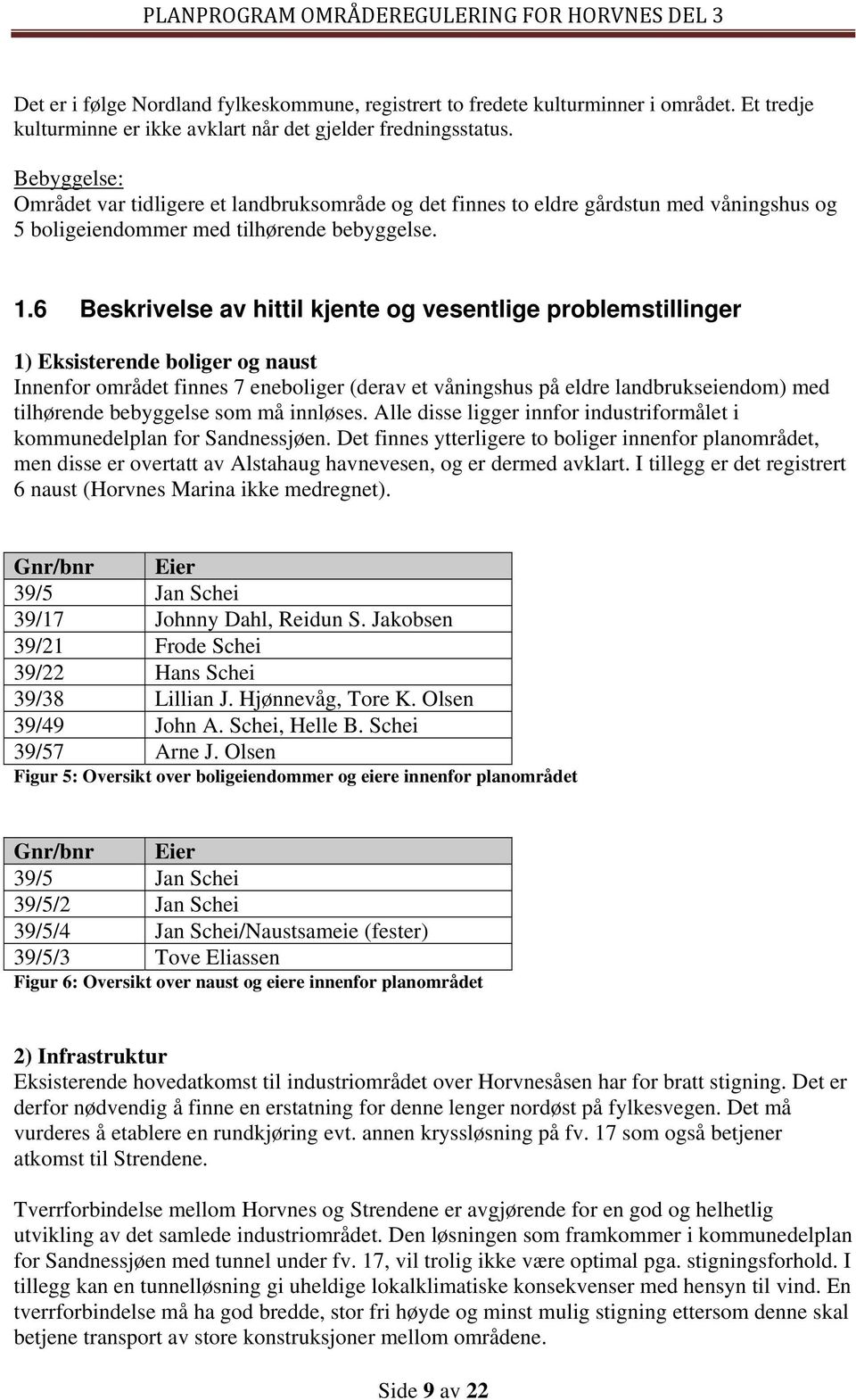 6 Beskrivelse av hittil kjente og vesentlige problemstillinger 1) Eksisterende boliger og naust Innenfor området finnes 7 eneboliger (derav et våningshus på eldre landbrukseiendom) med tilhørende