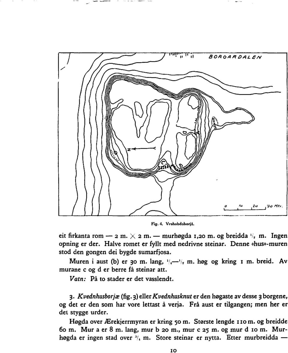 Vatn: Pa to stader er det vasslendt. 3. Kvednhusborjs (fig. 3) eller Kvednhusknut er den hogaste av desse 3 borgene, og det er den som har vore lettast a verja.