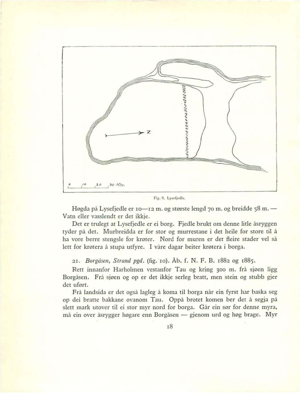 I vare dagar hcitcr kroteia i borga. ai. Borgdsen, Strand pgd. (fig. 10). Ab. f. N. F. B. 1882 og 1885. Rett innanfor Harholmen vestnnfor Tau og kring 300 m. fra sjoen ligg Borg.iscn. Fr.