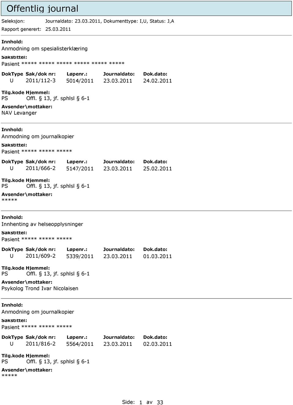 2011 Anmodning om journalkopier Pasient ***** ***** ***** 2011/666-2 5147/2011 ***** 25.02.