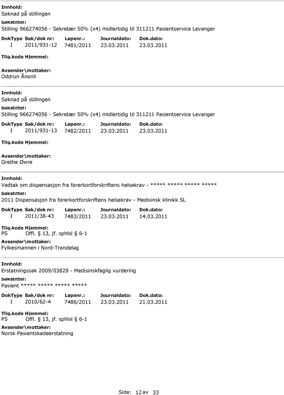 helsekrav - ***** ***** ***** ***** 2011 Dispensasjon fra førerkortforskriftens helsekrav - Medisinsk klinikk SL 2011/38-43 7483/2011 Fylkesmannen i