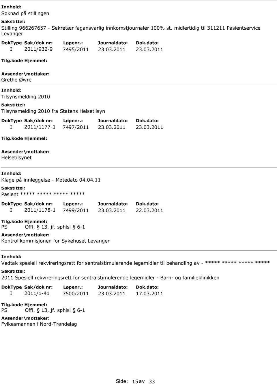 7497/2011 Helsetilsynet Klage på innleggelse - Møtedato 04.04.11 2011/1178-1 7499/2011 22.03.