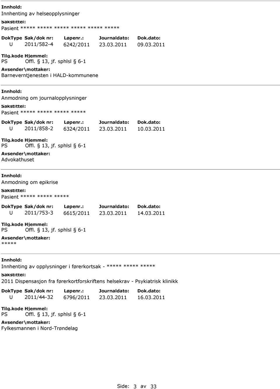 2011 Anmodning om epikrise Pasient ***** ***** ***** 2011/753-3 6615/2011 ***** 14.03.