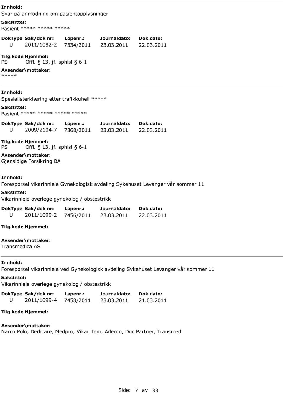 2011 Forespørsel vikarinnleie Gynekologisk avdeling Sykehuset Levanger vår sommer 11 Vikarinnleie overlege gynekolog / obstestrikk 2011/1099-2 7456/2011 22.