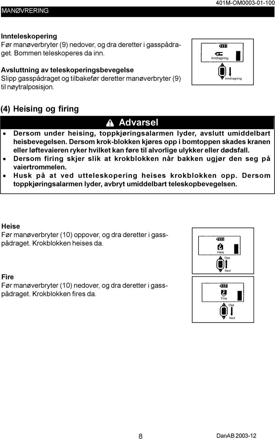 Inndragning Inndragning (4) Heising og firing Advarsel Advarsel Dersom under heising, toppkjøringsalarmen lyder, avslutt umiddelbart heisbevegelsen.