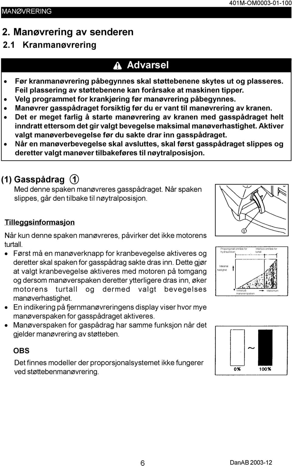 Det er meget farlig å starte manøvrering av kranen med gasspådraget helt inndratt ettersom det gir valgt bevegelse maksimal manøverhastighet.