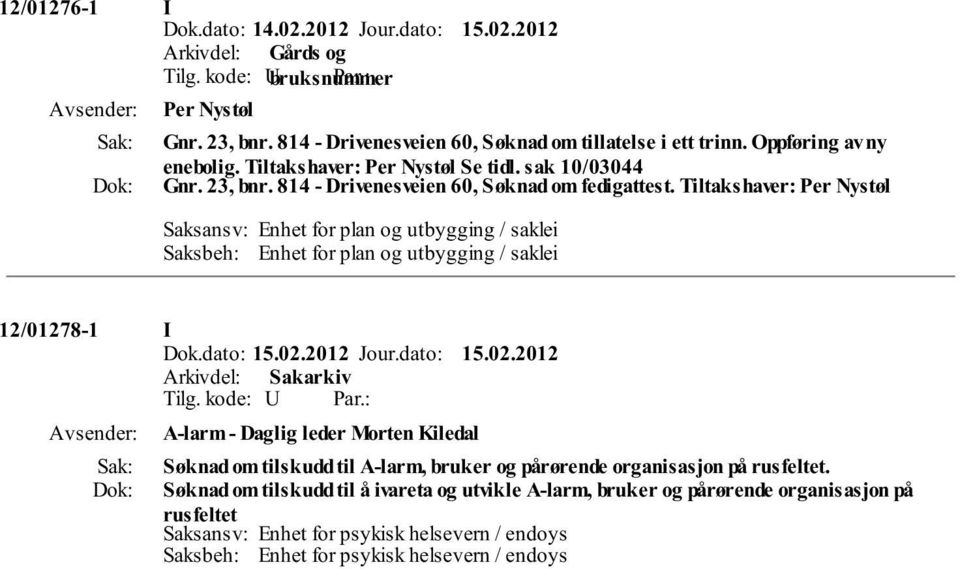 Tiltakshaver: Per Nystøl Saksansv: Enhet for plan og utbygging / saklei Saksbeh: Enhet for plan og utbygging / saklei 12/01278-1 I A-larm - Daglig leder Morten