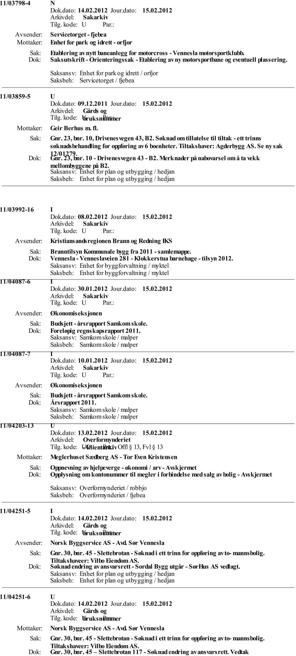 2011 Jour.dato: 15.02.2012 Geir Berhus m. fl. Gnr. 23, bnr. 10, Drivenesvegen 43, B2. Søknad om tillatelse til tiltak - ett trinns søknadsbehandling for oppføring av 6 boenheter.