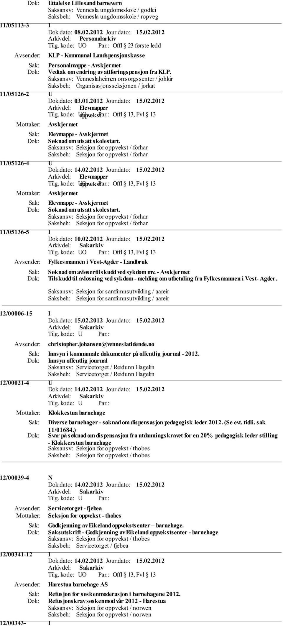 Saksansv: Venneslaheimen omsorgssenter / johkir Saksbeh: Organisasjonsseksjonen / jorkat 11/05126-2 U Dok.dato: 03.01.2012 Jour.dato: 15.02.2012 Arkivdel: Elevmapper Tilg.