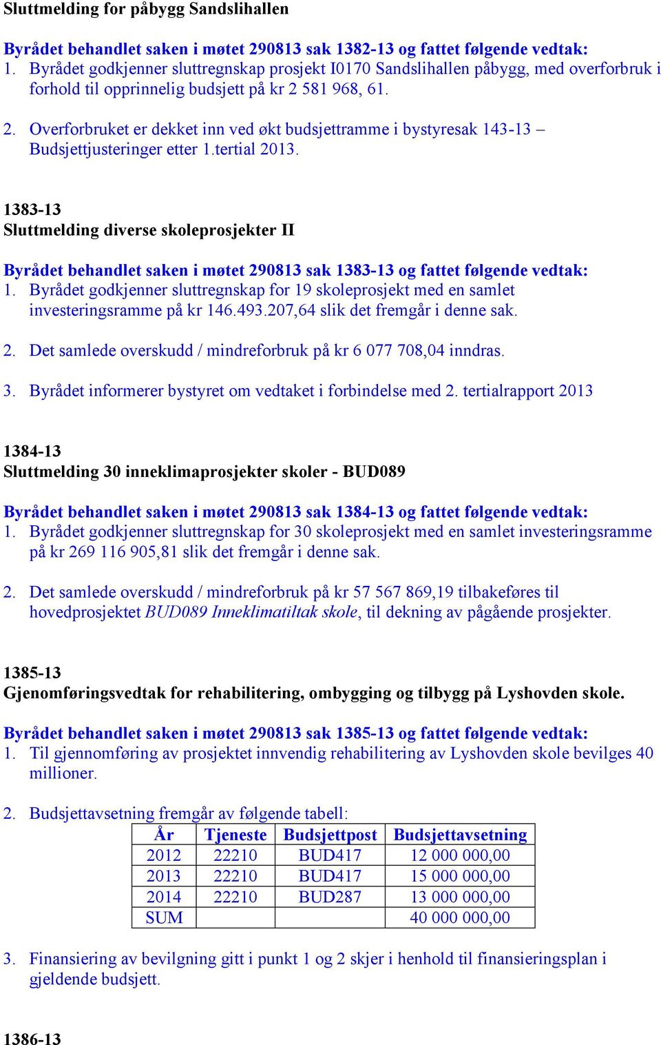 581 968, 61. 2. Overforbruket er dekket inn ved økt budsjettramme i bystyresak 143-13 Budsjettjusteringer etter 1.tertial 2013.