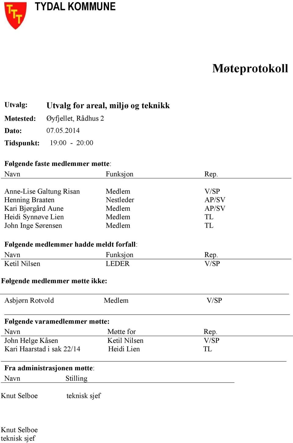 Anne-Lise Galtung Risan Medlem V/SP Henning Braaten Nestleder AP/SV Kari Bjørgård Aune Medlem AP/SV Heidi Synnøve Lien Medlem TL John Inge Sørensen Medlem TL Følgende medlemmer