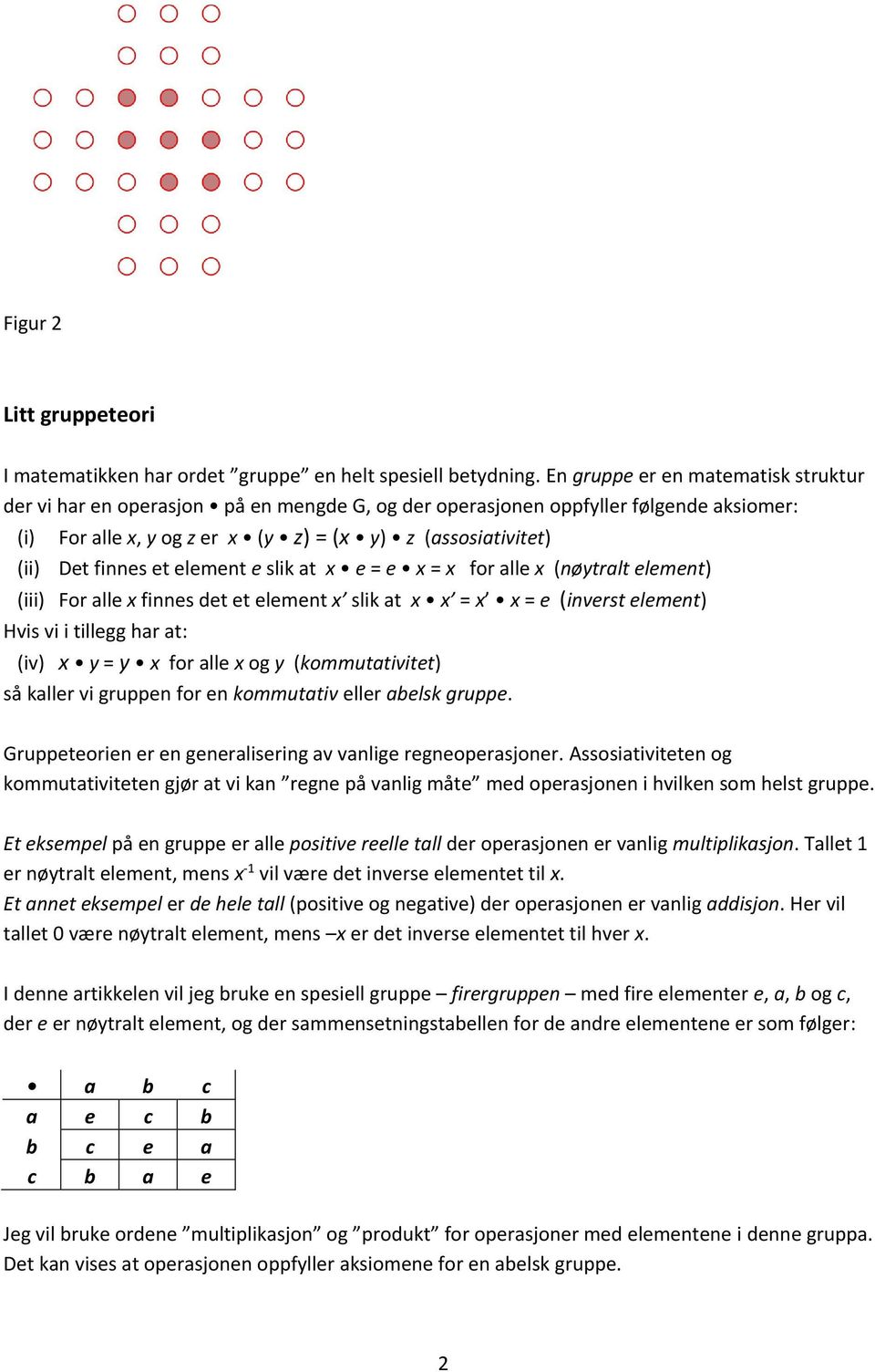 finnes et element e slik at x e = e x = x for alle x (nøytralt element) (iii) For alle x finnes det et element x slik at x x = x x = e (inverst element) Hvis vi i tillegg har at: (iv) x y = y x for