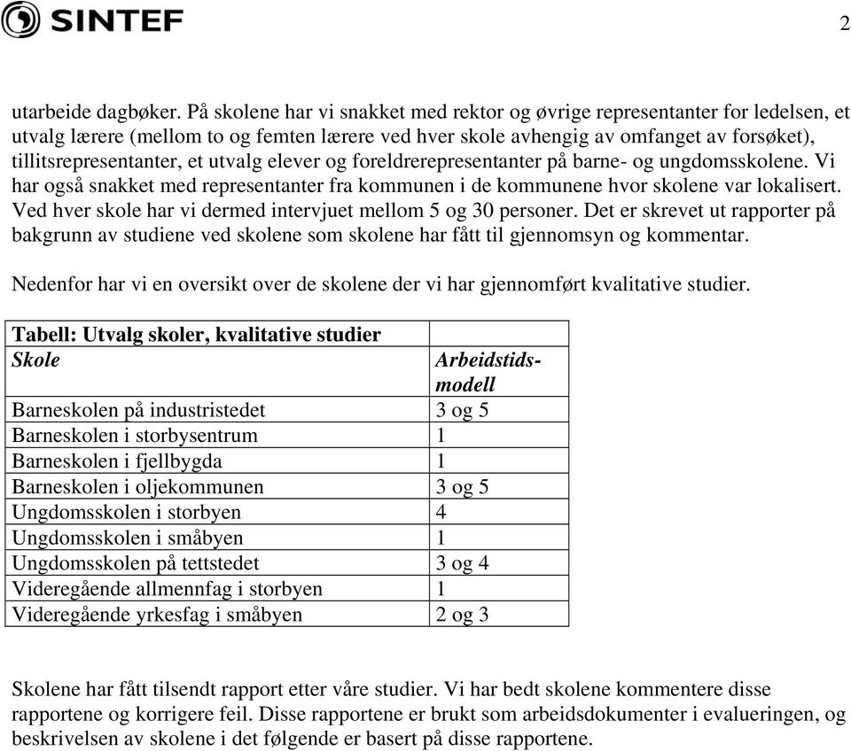 utvalg elever og foreldrerepresentanter på barne- og ungdomsskolene. Vi har også snakket med representanter fra kommunen i de kommunene hvor skolene var lokalisert.