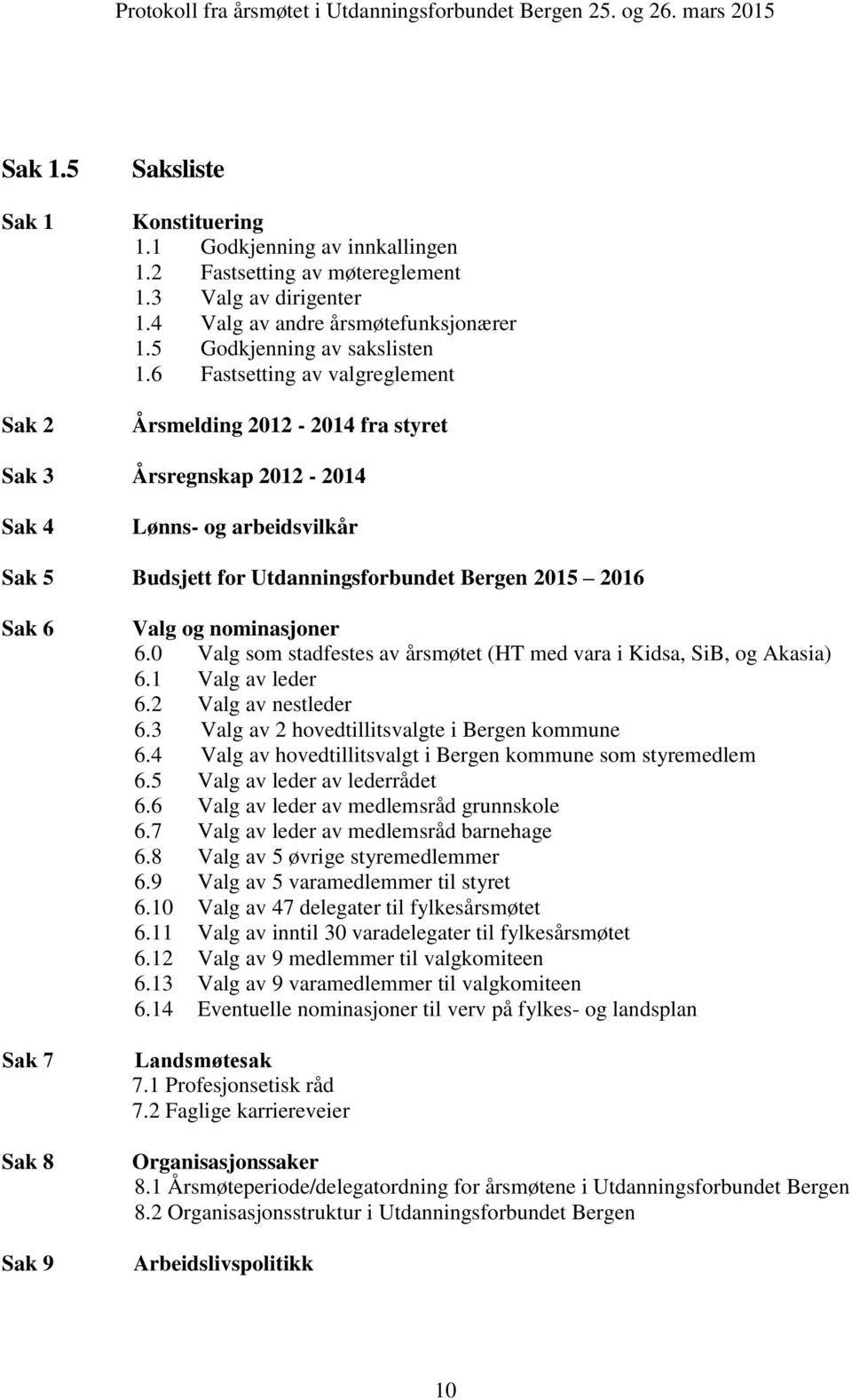 6 Fastsetting av valgreglement Årsmelding 2012-2014 fra styret Sak 3 Årsregnskap 2012-2014 Sak 4 Lønns- og arbeidsvilkår Sak 5 Budsjett for Utdanningsforbundet Bergen 2015 2016 Sak 6 Sak 7 Sak 8 Sak