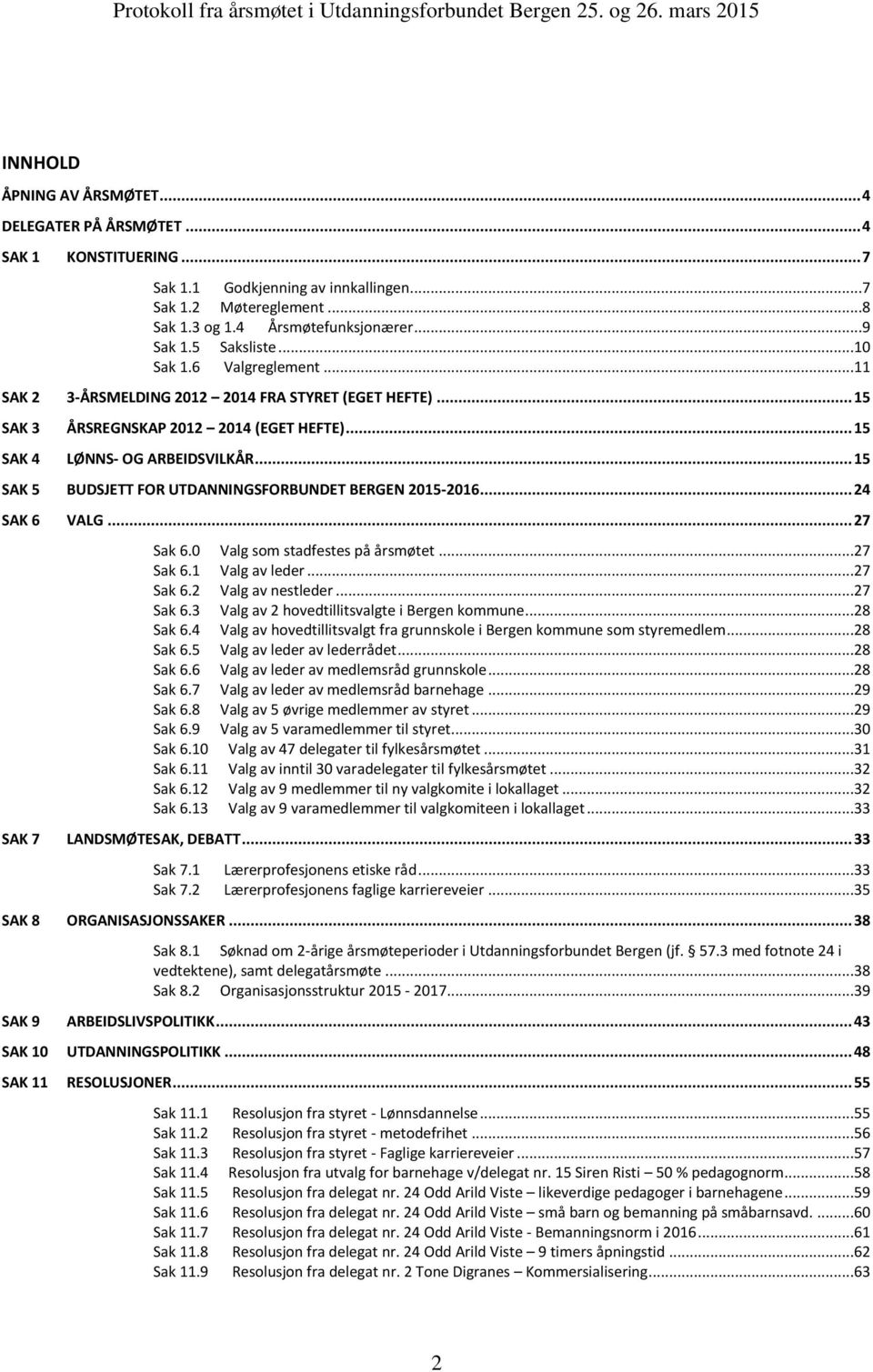 .. 15 SAK 5 BUDSJETT FOR UTDANNINGSFORBUNDET BERGEN 2015-2016... 24 SAK 6 VALG... 27 Sak 6.0 Valg som stadfestes på årsmøtet...27 Sak 6.1 Valg av leder...27 Sak 6.2 Valg av nestleder...27 Sak 6.3 Sak 6.