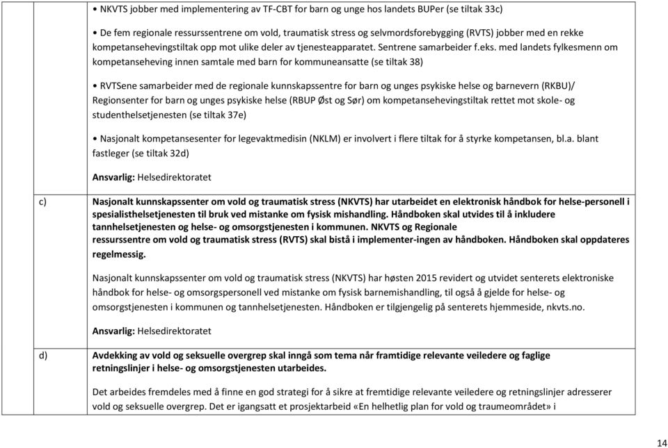 med landets fylkesmenn om kompetanseheving innen samtale med barn for kommuneansatte (se tiltak 38) RVTSene samarbeider med de regionale kunnskapssentre for barn og unges psykiske helse og barnevern