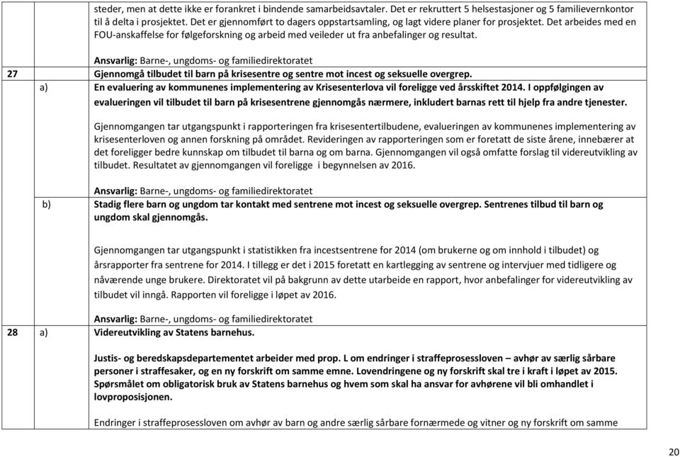 27 Gjennomgå tilbudet til barn på krisesentre og sentre mot incest og seksuelle overgrep. a) En evaluering av kommunenes implementering av Krisesenterlova vil foreligge ved årsskiftet 2014.