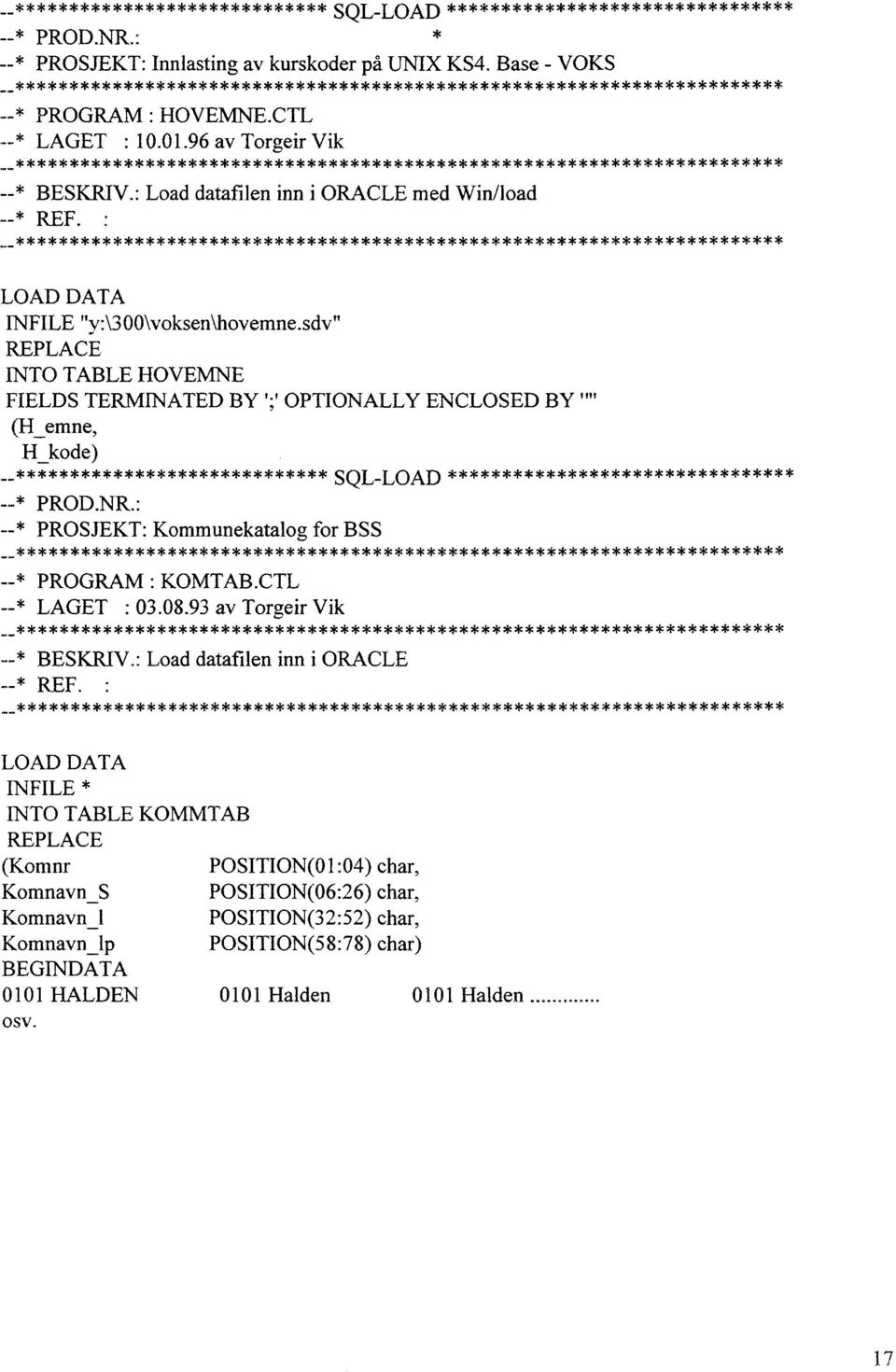 96 av Torgeir Vik *********************************************************************** --* BESKRIV.: Load datafilen inn i ORACLE med Win/load * REF.