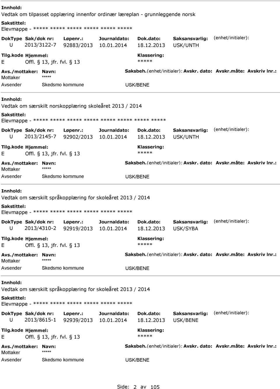 2013 SK/NTH SK/BN Vedtak om særskilt norskopplæring skoleåret 2013 / 2014 levmappe - 2013/2145-7 92902/2013 18.12.