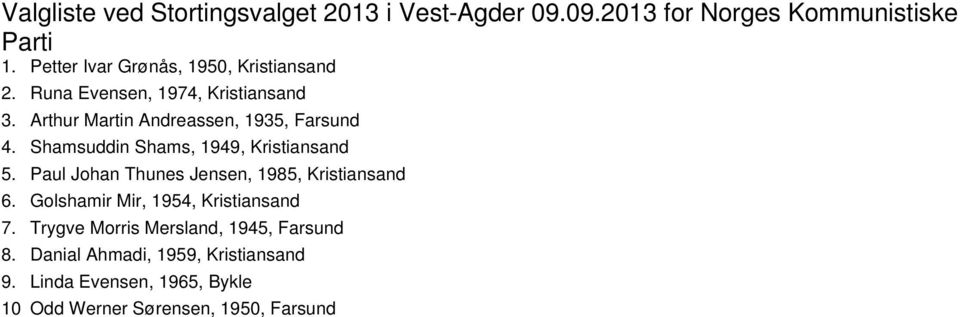 Runa Evensen, 1974, Kristiansand Arthur Martin Andreassen, 1935, Farsund Shamsuddin Shams, 1949, Kristiansand Paul Johan