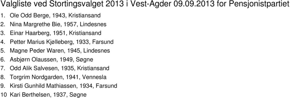 Petter Marius Kjølleberg, 1933, Farsund 5. Magne Peder Waren, 1945, Lindesnes 6. Asbjørn Olaussen, 1949, Søgne 7.