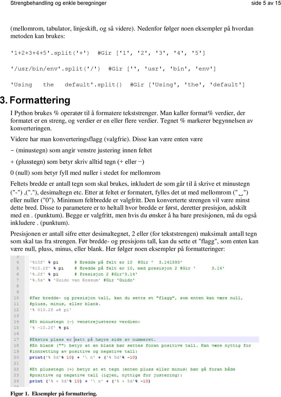 Formattering I Python brukes % operatør til å formatere tekststrenger. Man kaller format% verdier, der formatet er en streng, og verdier er en eller flere verdier.