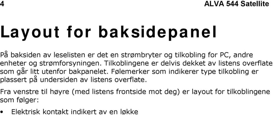 Tilkoblingene er delvis dekket av listens overflate som går litt utenfor bakpanelet.