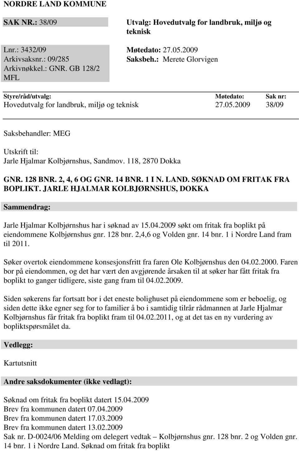 128 BNR. 2, 4, 6 OG GNR. 14 BNR. 1 I N. LAND. SØKNAD OM FRITAK FRA BOPLIKT. JARLE HJALMAR KOLBJØRNSHUS, DOKKA Sammendrag: Jarle Hjalmar Kolbjørnshus har i søknad av 15.04.