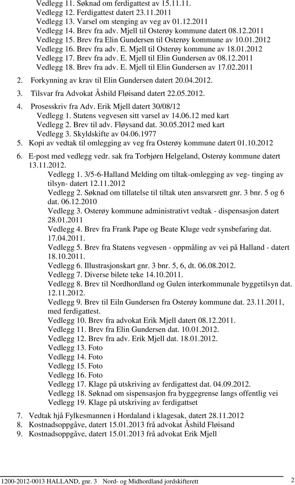 Brev fra adv. E. Mjell til Elin Gundersen av 08.12.2011 Vedlegg 18. Brev fra adv. E. Mjell til Elin Gundersen av 17.02.2011 2. Forkynning av krav til Elin Gundersen datert 20.04.2012. 3.