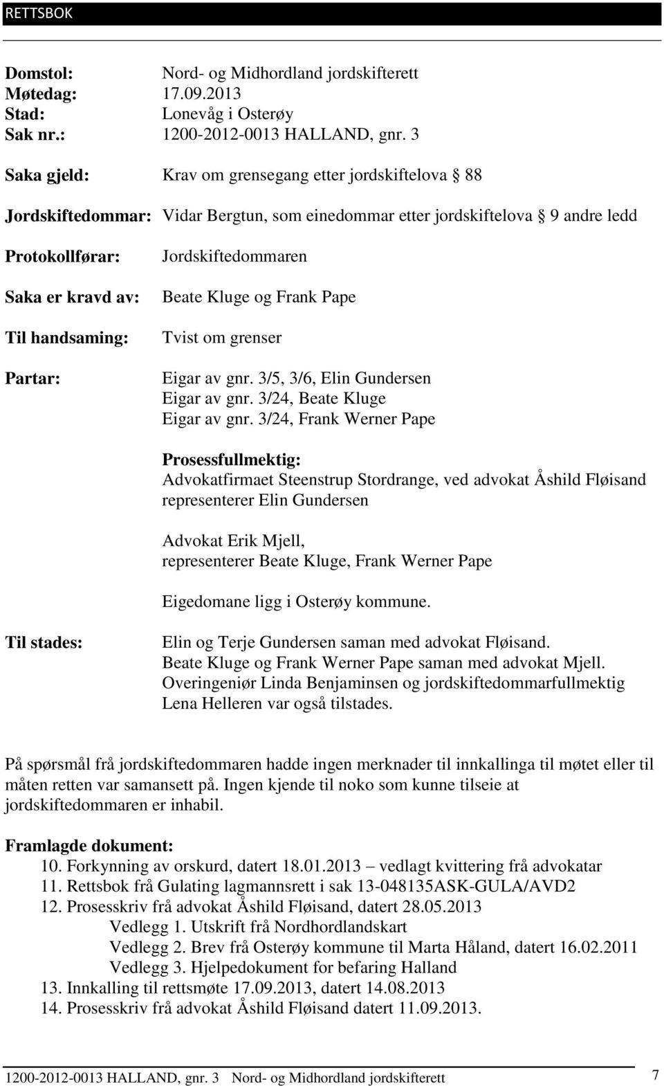 Jordskiftedommaren Beate Kluge og Frank Pape Tvist om grenser Eigar av gnr. 3/5, 3/6, Elin Gundersen Eigar av gnr. 3/24, Beate Kluge Eigar av gnr.