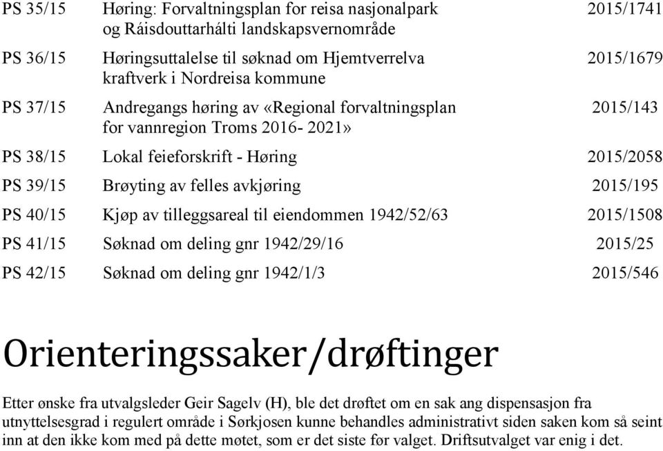 2015/195 PS 40/15 Kjøp av tilleggsareal til eiendommen 1942/52/63 2015/1508 PS 41/15 Søknad om deling gnr 1942/29/16 2015/25 PS 42/15 Søknad om deling gnr 1942/1/3 2015/546