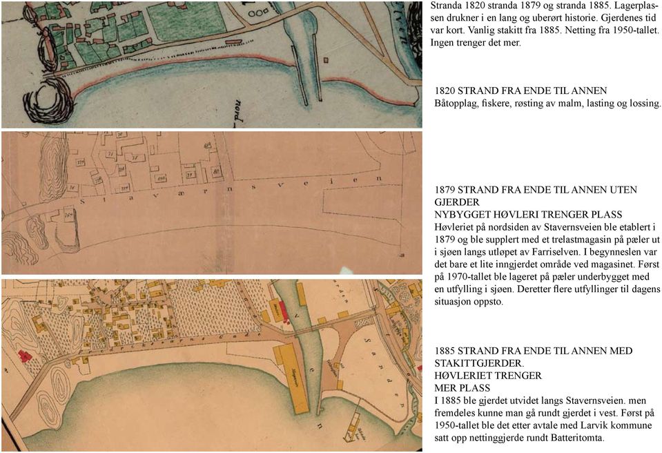 1879 STRAND FRA ENDE TIL ANNEN UTEN GJERDER NYBYGGET HØVLERI TRENGER PLASS Høvleriet på nordsiden av Stavernsveien ble etablert i 1879 og ble supplert med et trelastmagasin på pæler ut i sjøen langs