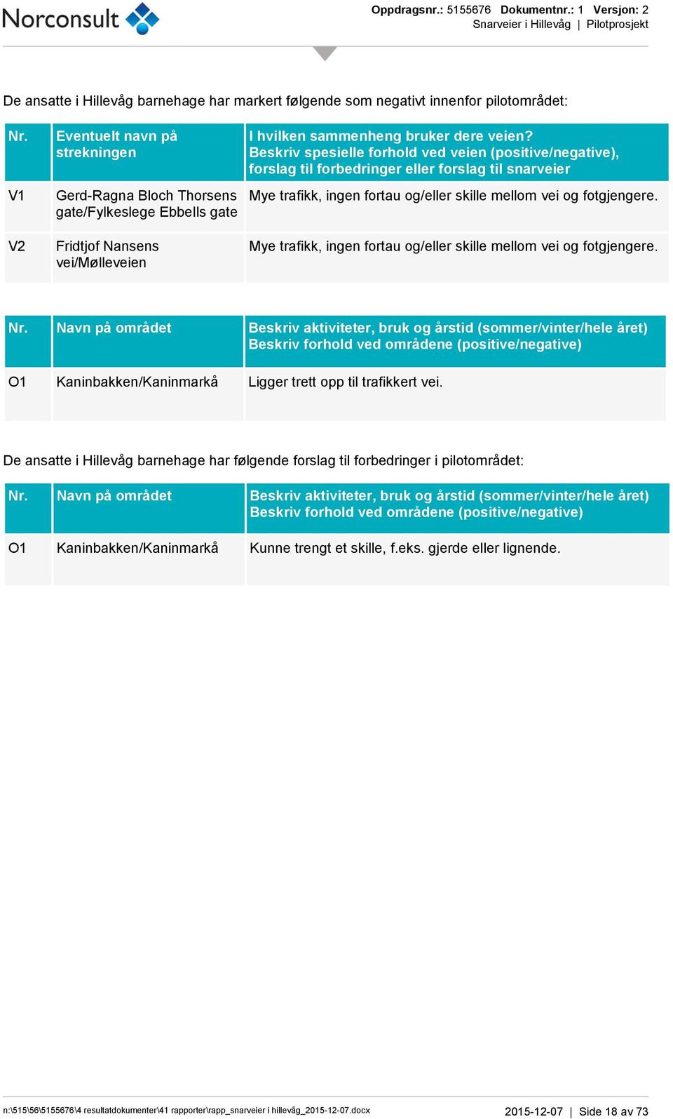 Beskriv spesielle forhold ved veien (positive/negative), forslag til forbedringer eller forslag til snarveier Mye trafikk, ingen fortau og/eller skille mellom vei og fotgjengere.