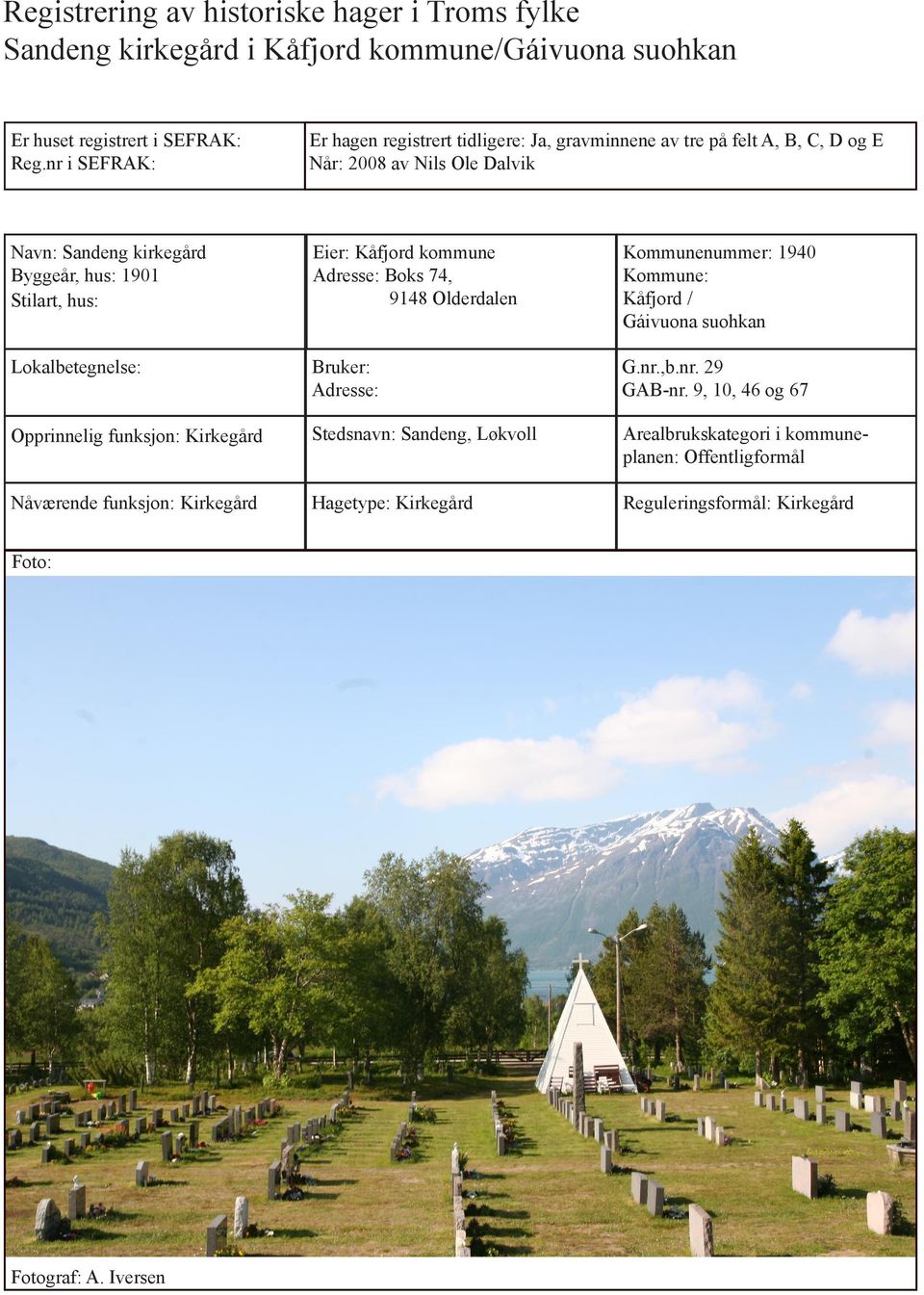 Eier: Kåfjord kommune Adresse: Boks 74, 9148 Olderdalen Kommunenummer: 1940 Kommune: Kåfjord / Gáivuona suohkan Lokalbetegnelse: Bruker: Adresse: G.nr.,b.nr. 29 GAB-nr.