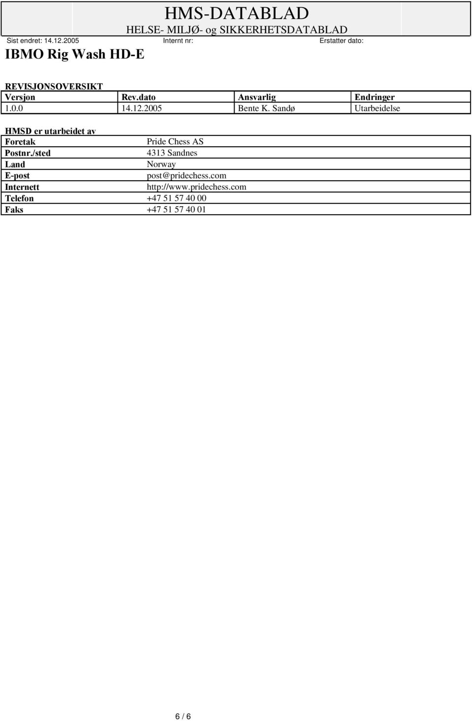 Sandø Utarbeidelse HMSD er utarbeidet av Foretak Pride Chess AS Postnr.
