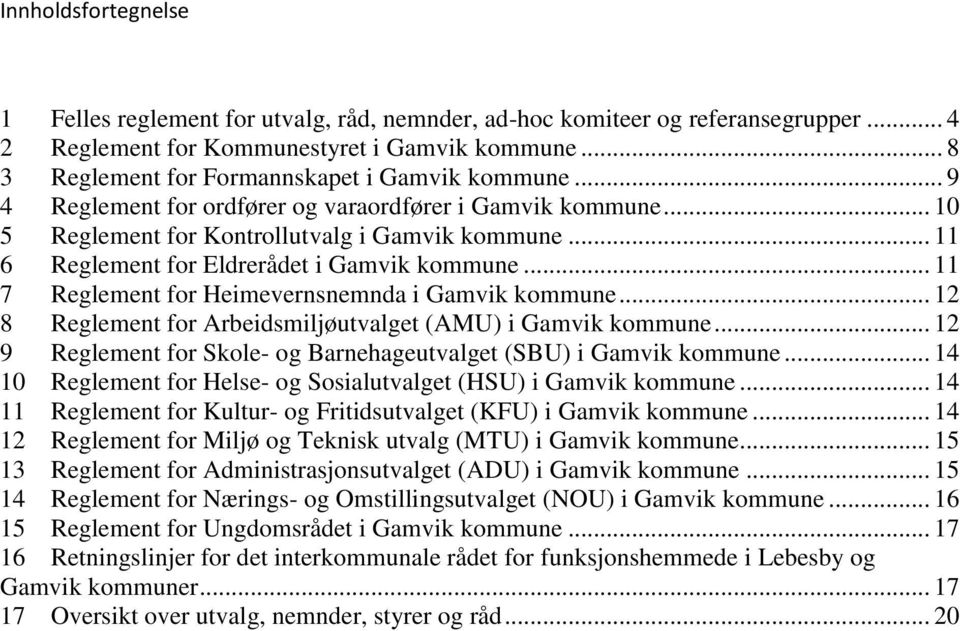 .. 11 6 Reglement for Eldrerådet i Gamvik kommune... 11 7 Reglement for Heimevernsnemnda i Gamvik kommune... 12 8 Reglement for Arbeidsmiljøutvalget (AMU) i Gamvik kommune.