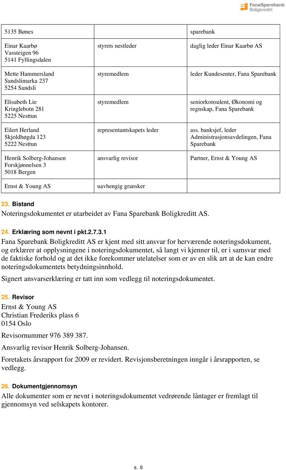 Einar Kaarbø AS leder Kundesenter, Fana Sparebank seniorkonsulent, Økonomi og regnskap, Fana Sparebank ass. banksjef, leder Administrasjonsavdelingen, Fana Sparebank Partner, Ernst & Young AS 23.