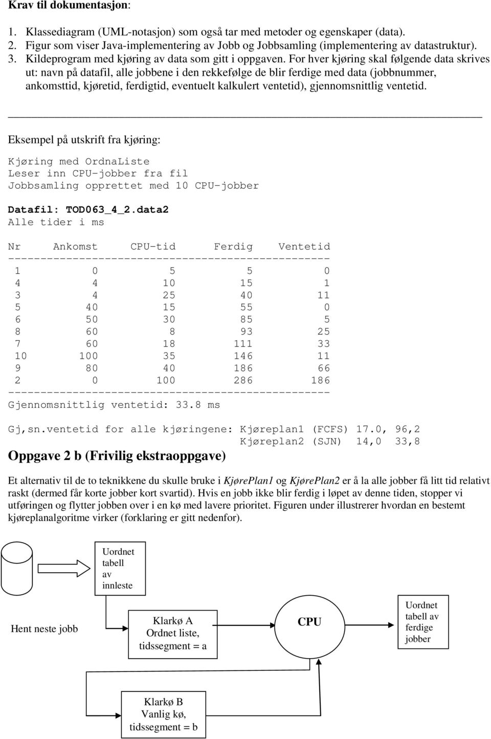 For hver kjøring skal følgende data skrives ut: navn på datafil, alle jobbene i den rekkefølge de blir ferdige med data (jobbnummer, ankomsttid, kjøretid, ferdigtid, eventuelt kalkulert ventetid),