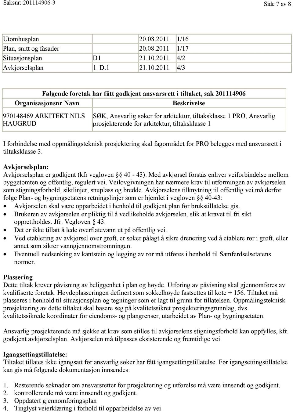 2011 4/3 Følgende foretak har fått godkjent ansvarsrett i tiltaket, sak 201114906 Organisasjonsnr Navn Beskrivelse 970148469 ARKITEKT NILS HAUGRUD SØK, Ansvarlig søker for arkitektur, tiltaksklasse 1