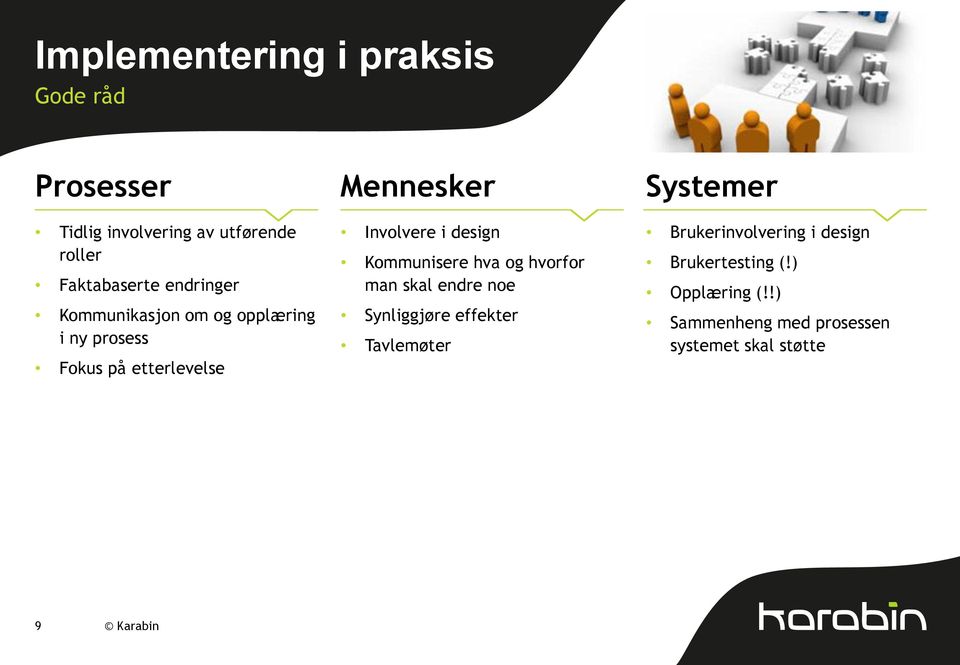 Involvere i design Kommunisere hva og hvorfor man skal endre noe Synliggjøre effekter Tavlemøter