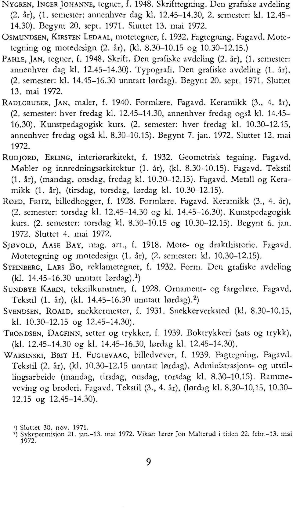 Den grafiske avdeling (2. år), (1. semester: annenhver dag kl. 12.45-14.30). Typografi. Den grafiske avdeling (1. år), (2. semester: kl. 14.45-16.30 unntatt lørdag). Begynt 20. sept. 1971. Sluttet 13.