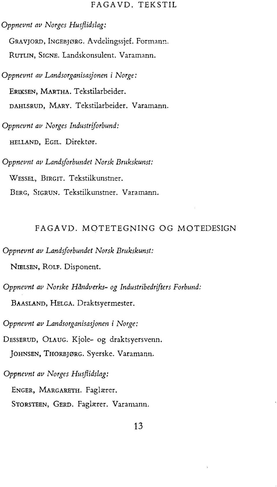 BERG, SIGRUN. Tekstilkunstner. Varamann. FAGAVD. MOTETEGNING OG MOTEDESIGN Oppnevnt av Landsforbundet Norsk Brukskunst: NIXLSEN, ROLF. Disponent.