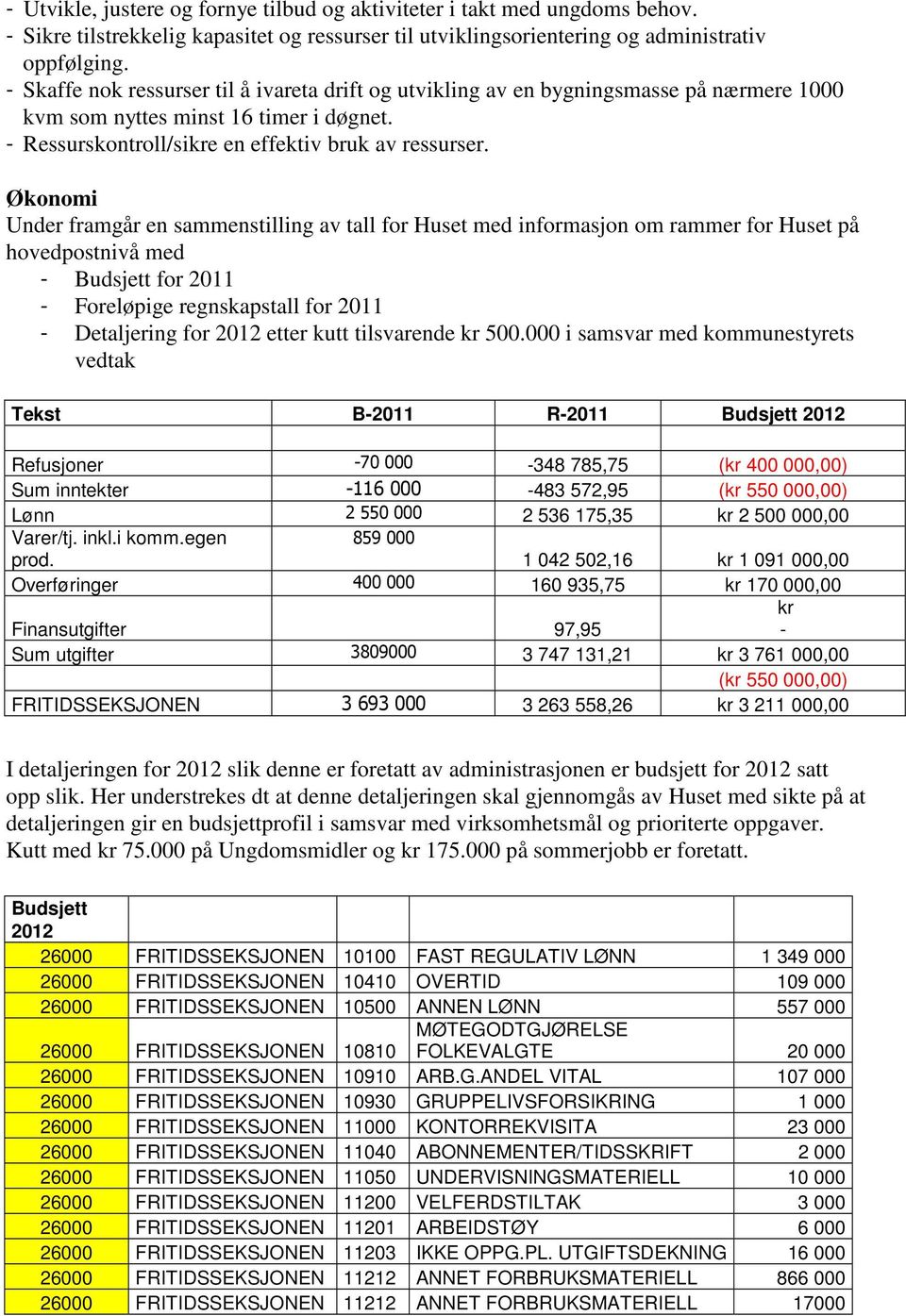 Økonomi Under framgår en sammenstilling av tall for Huset med informasjon om rammer for Huset på hovedpostnivå med - Budsjett for 2011 - Foreløpige regnskapstall for 2011 - Detaljering for 2012 etter