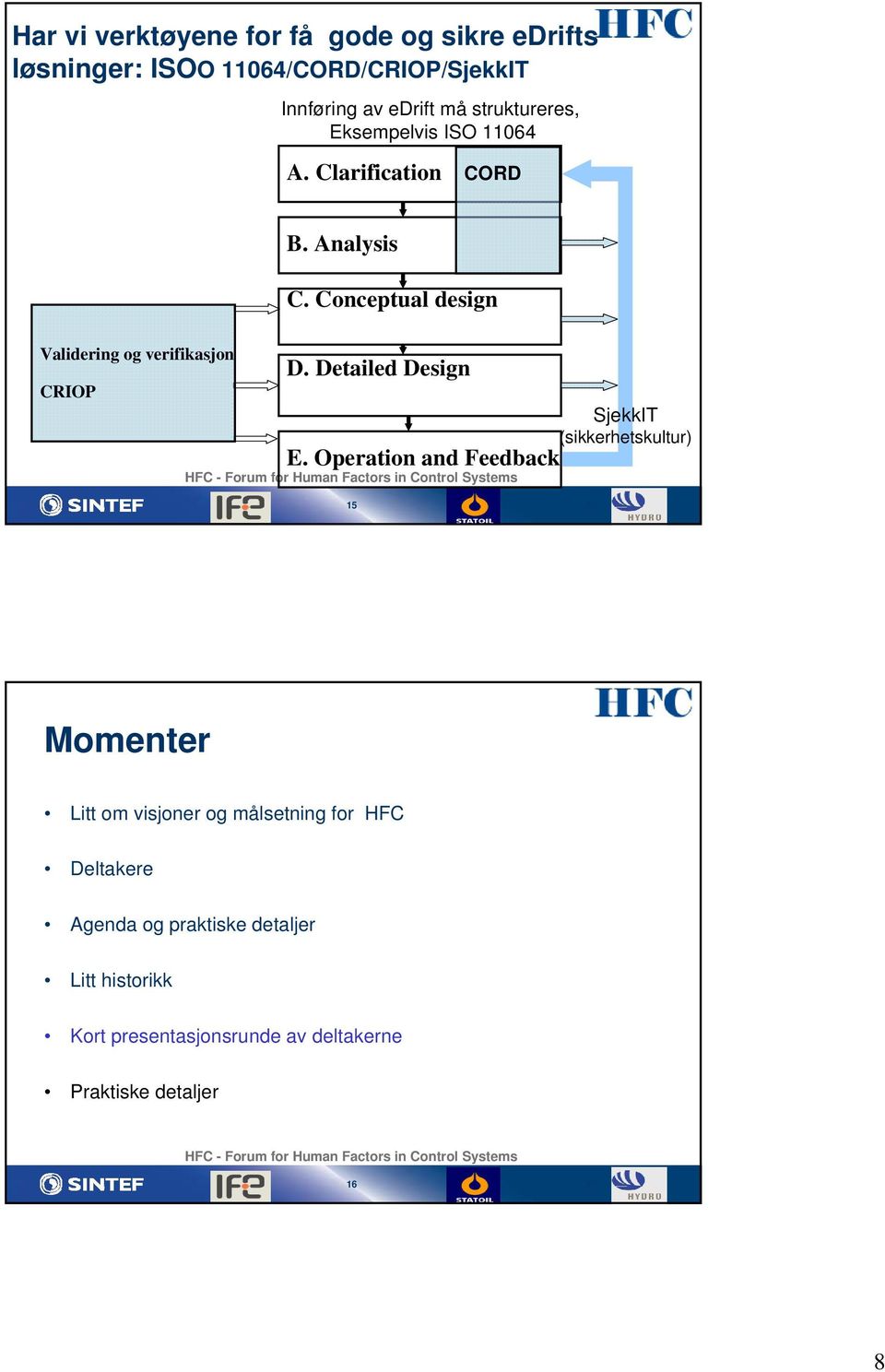 Operation and Feedback HFC - Forum for Human Factors in Control Systems 15 Momenter Litt om visjoner og målsetning for HFC Deltakere Agenda og