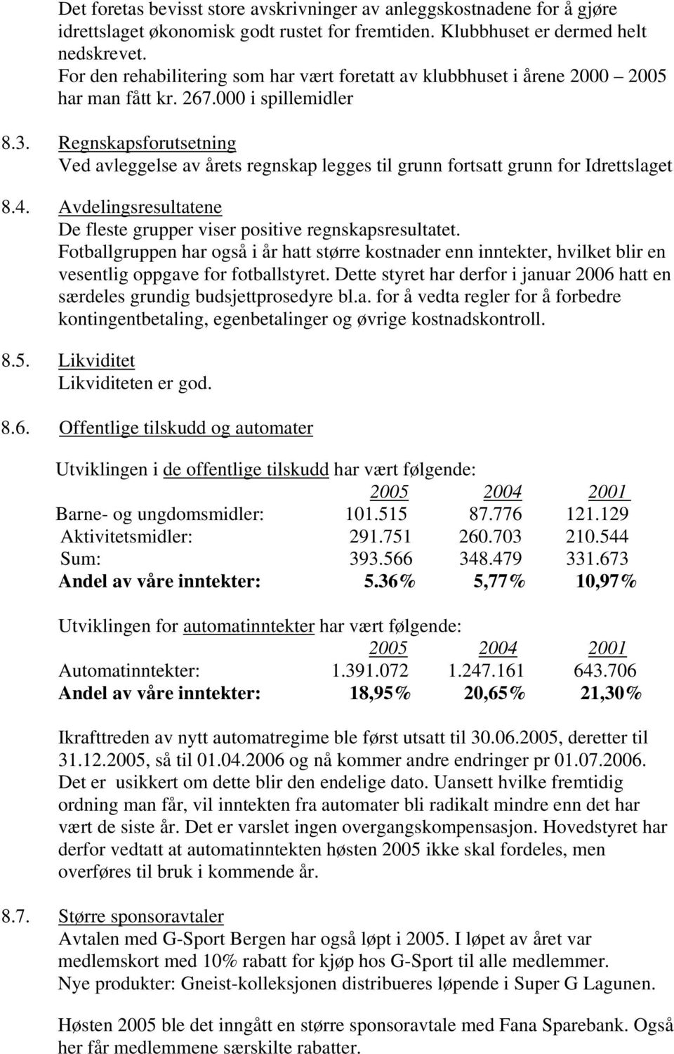 Regnskapsforutsetning Ved avleggelse av årets regnskap legges til grunn fortsatt grunn for Idrettslaget 8.4. Avdelingsresultatene De fleste grupper viser positive regnskapsresultatet.