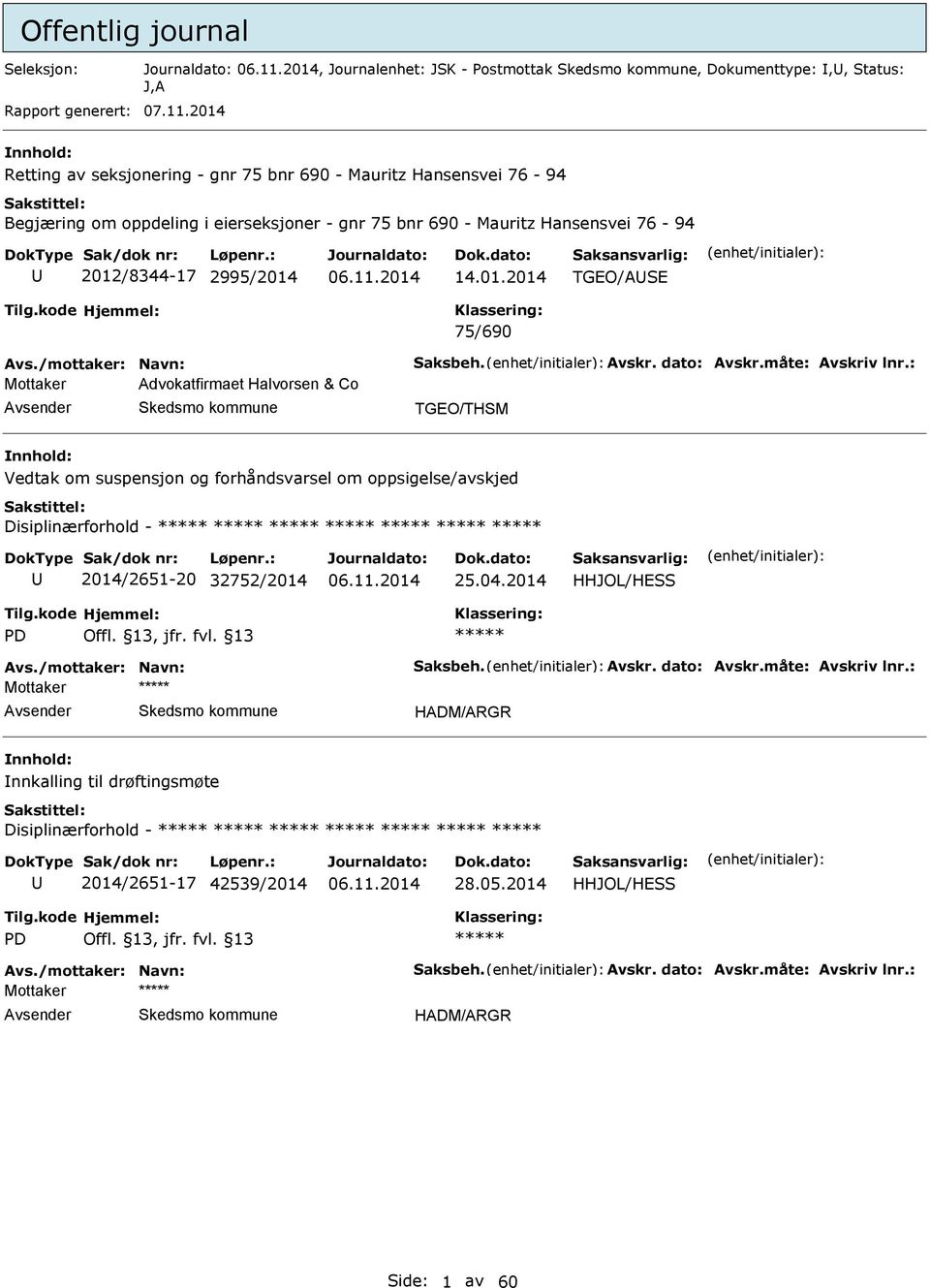 2012/8344-17 2995/2014 14.01.2014 TGEO/SE 75/690 Mottaker dvokatfirmaet Halvorsen & Co TGEO/THSM Vedtak om suspensjon og forhåndsvarsel om oppsigelse/avskjed