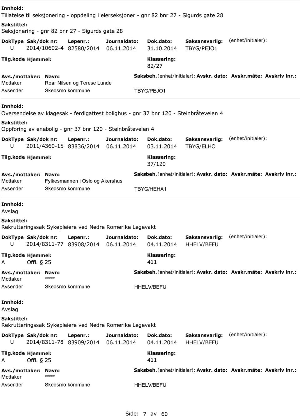 2014 TBYG/PEJO1 82/27 Mottaker Roar Nilsen og Terese Lunde TBYG/PEJO1 Oversendelse av klagesak - ferdigattest bolighus - gnr 37 bnr 120 - Steinbråteveien 4 Oppføring av enebolig