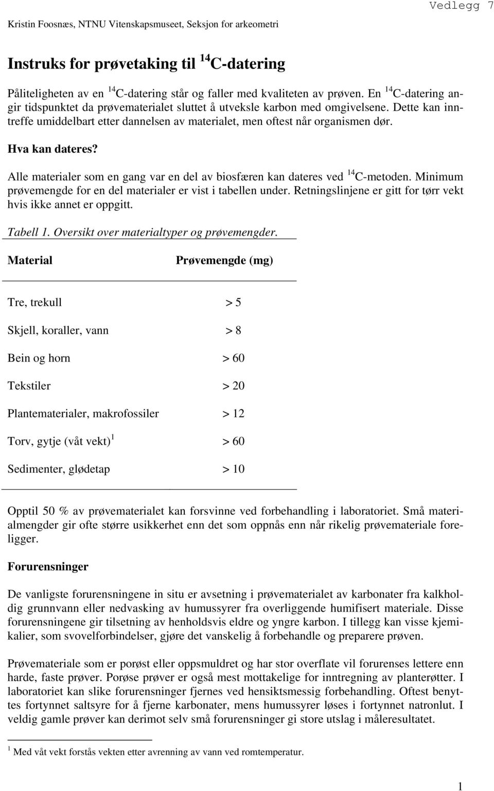 Hva kan dateres? Alle materialer som en gang var en del av biosfæren kan dateres ved 14 C-metoden. Minimum prøvemengde for en del materialer er vist i tabellen under.