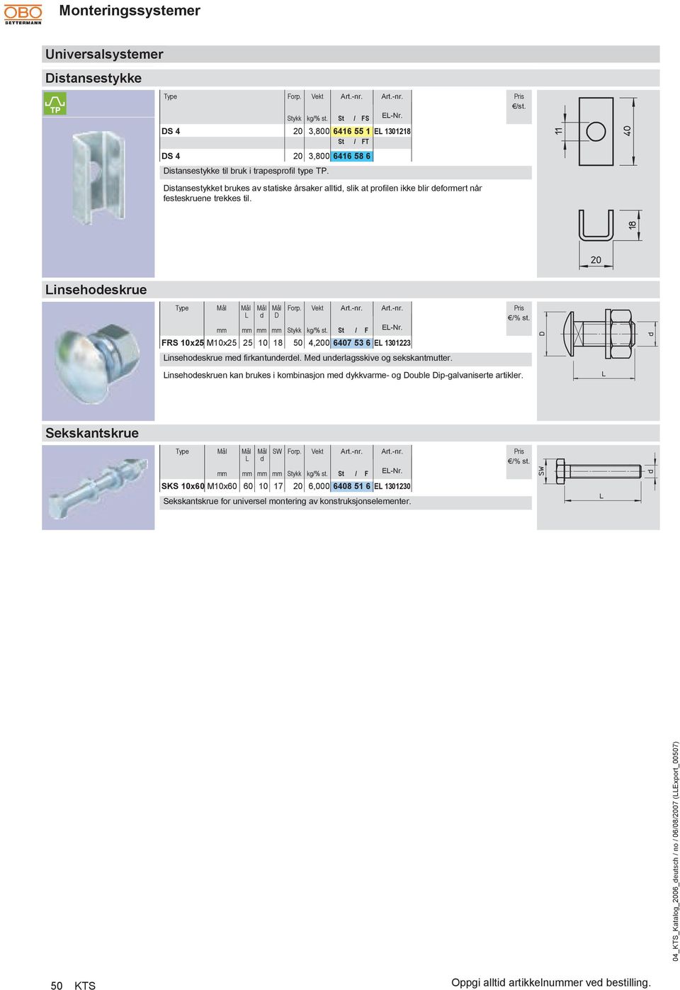 F FRS 10x25 M10x25 25 10 18 50 4,200 6407 53 6 E 1301223 insehoeskrue me firkantunerel. Me unerlagsskive og sekskantmutter. % st.